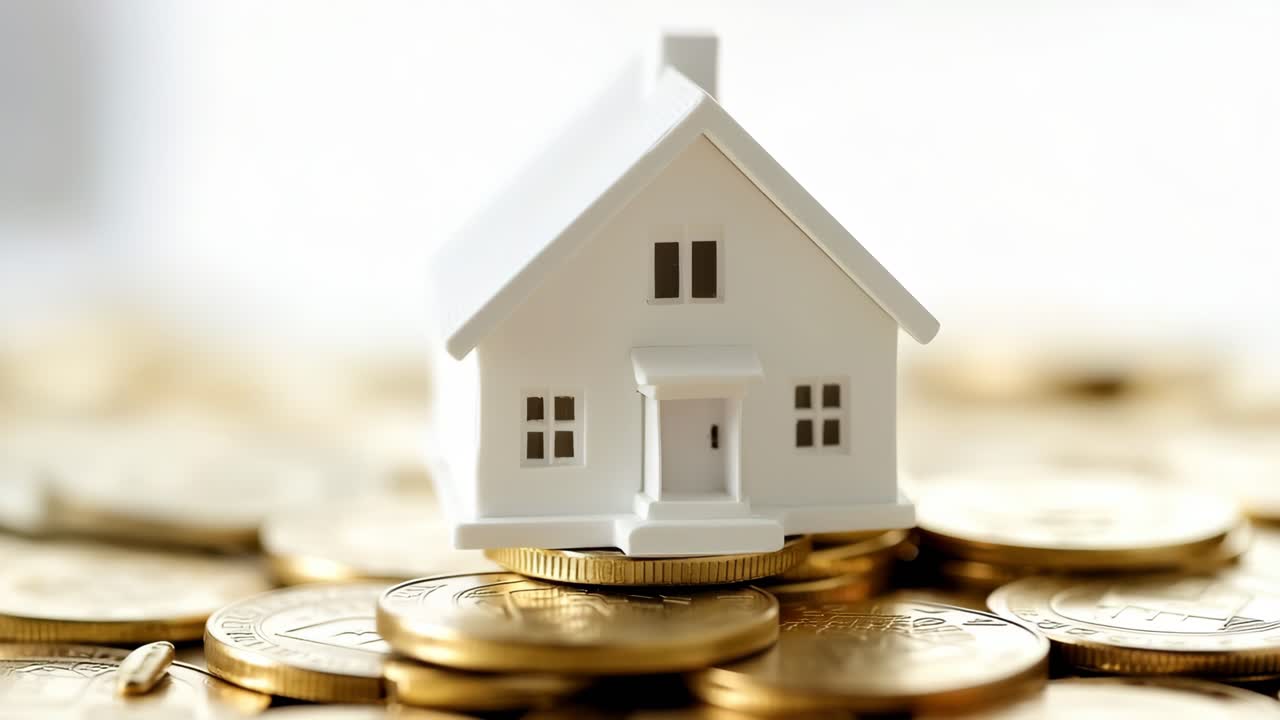 Vista aerea di un modello di casa bianca su monete d'oro, a simboleggiare l'investimento immobiliare