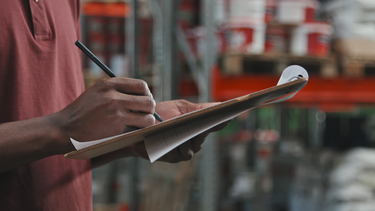 Close Up of Warehouse Worker Writing on Clipboard