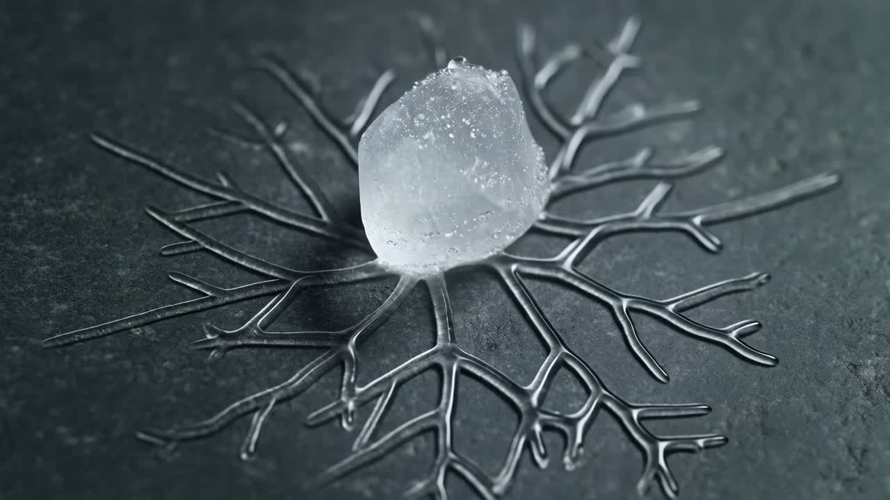 Abstract Ice Formation on a Dark Textured Surface with Branching Water Pattern
