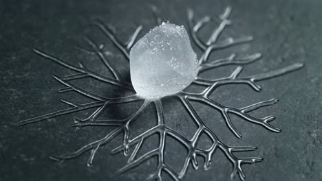 abstract ice formation on a dark textured surface with branching water pattern