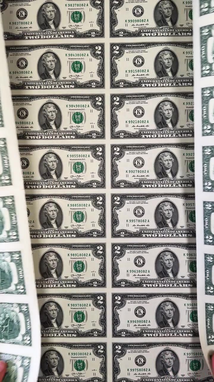 Banconote souvenir arrotolate in mano. Mano che tiene banconote souvenir da due dollari arrotolate su sfondo scuro e texturizzato