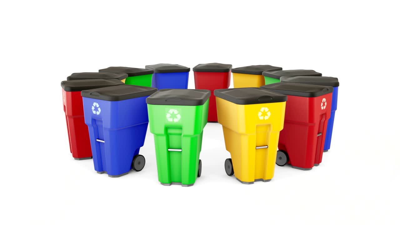 Many color plastic garbage bins with recycling logo. Isolated on white background, staked on circle.