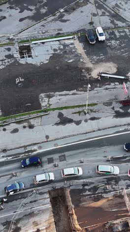 vertical shot of purvciems, riga, with traffic flowing through the urban streets.