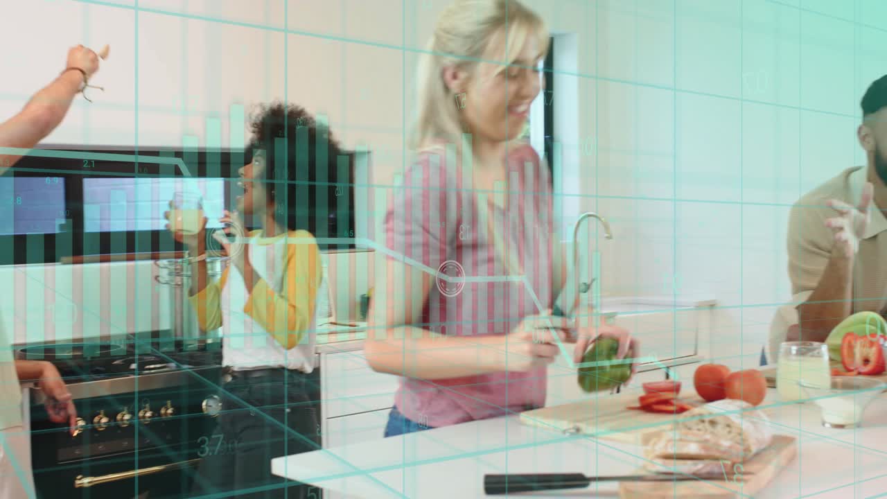 Bearded man starting chat and reaching for drink, group chopping pepper, passing salad for cooking