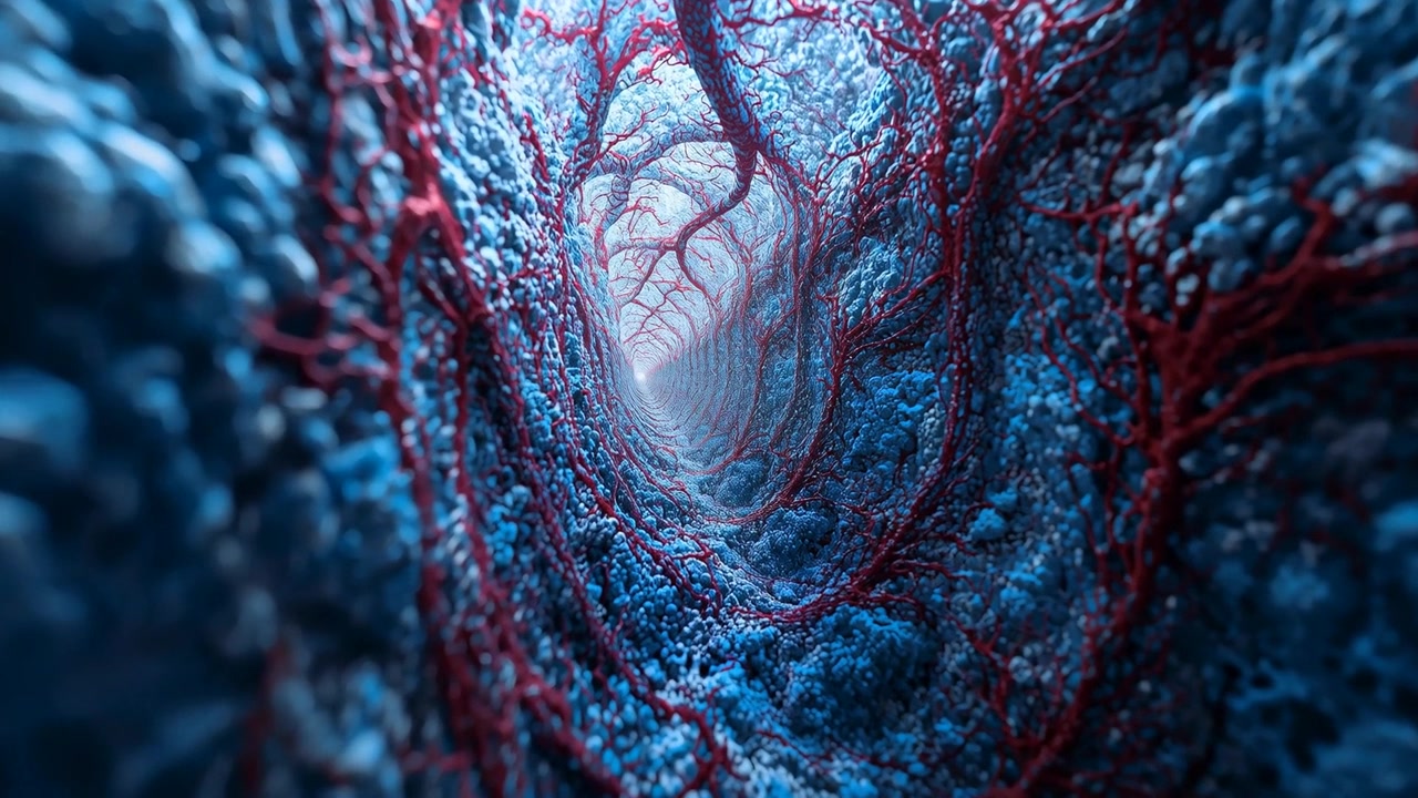 Bewegliche Kamera fährt nach Zoom durch organischen Tunnel, zeigt blaue Knoten und rote Stränge in Richtung Licht.