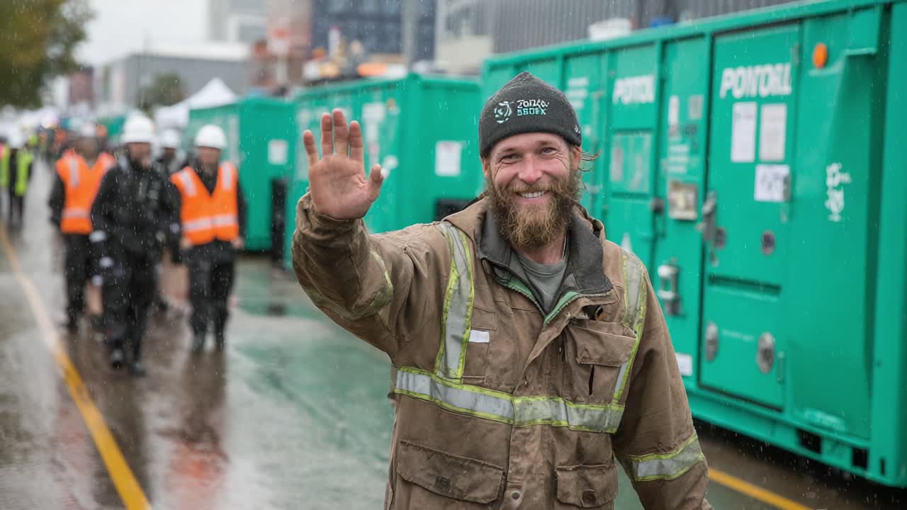 Cheerful Construction Worker Waves in the Rain as Colleagues in Safety Gear Pass Behind Him During an Outdoor Event, Signifying Team Spirit and Resilience