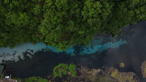 Aerial-overhead-view-of-blue-Bistrice-river-moving-sideways,-Albania