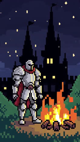 knight by campfire at night