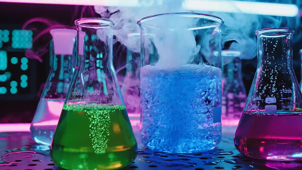 Futuristisches Chemieexperiment mit sprudelnden bunten Flüssigkeiten in Glasgefäßen.