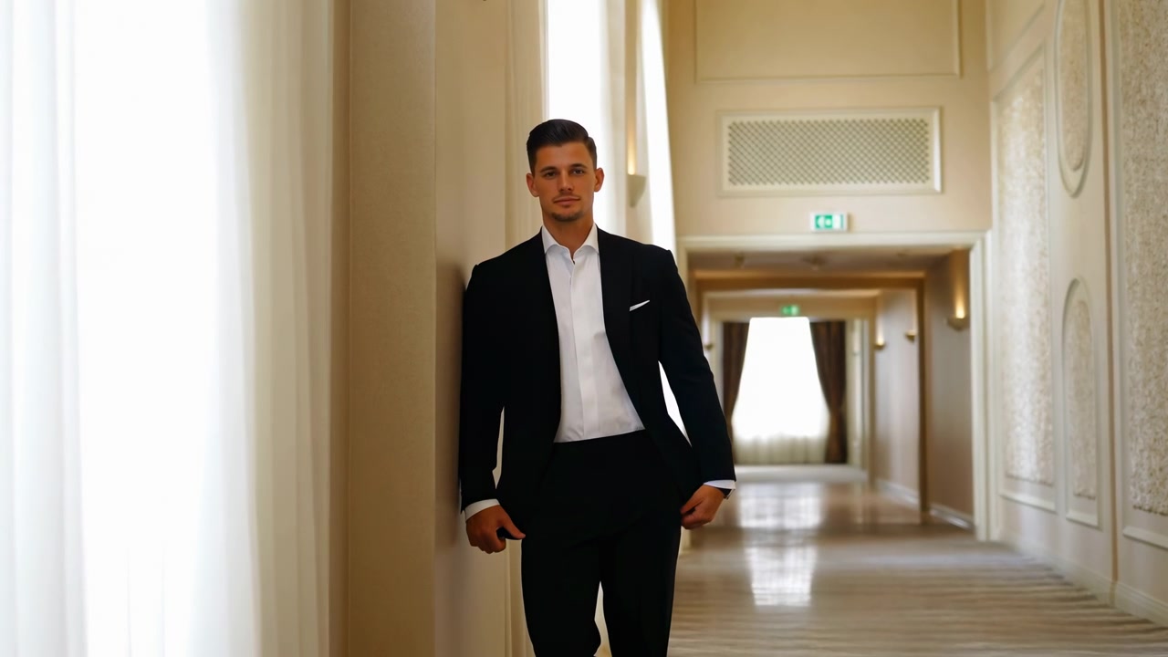Giovane uomo sicuro di sé in abito scuro formale e camicia bianca sta accanto a una tenda luminosa all'interno di un elegante corridoio d'hotel, incorniciato da pavimento lucido, pareti decorative, luce diurna soffusa e calde tonalità beige.