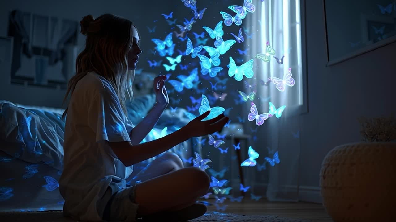 Ragazza circondata da farfalle luminose in una camera da letto poco illuminata.