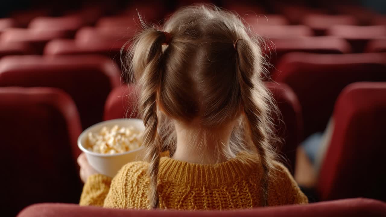 A Young Child Enjoys a Movie Experience Holding a Bowl of Popcorn, Captured in a Cozy Theater Setting with Plush Red Seats in the Background