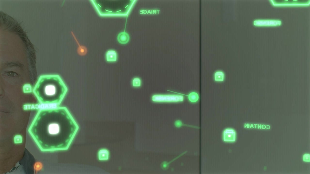 Tech standing behind glass, interface starting, showing green nodes moving, hex clustering for demo