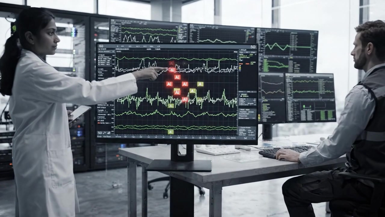 Monitoring Data Analytics in a High-Tech Lab Environment with Two Professionals Analyzing Complex Graphs and Information Displays on Large Screens