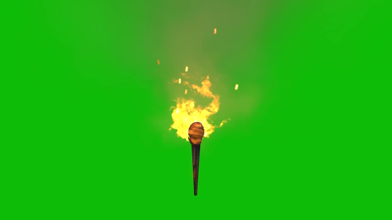 Burning torch with realistic flames on green screen, 3D animation. Perfect for visual effects, compositing, and cinematic scenes