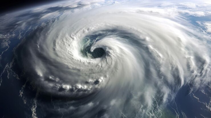 Aerial view of a massive cyclone swirling over the ocean, captured in a dramatic wide-angle shot