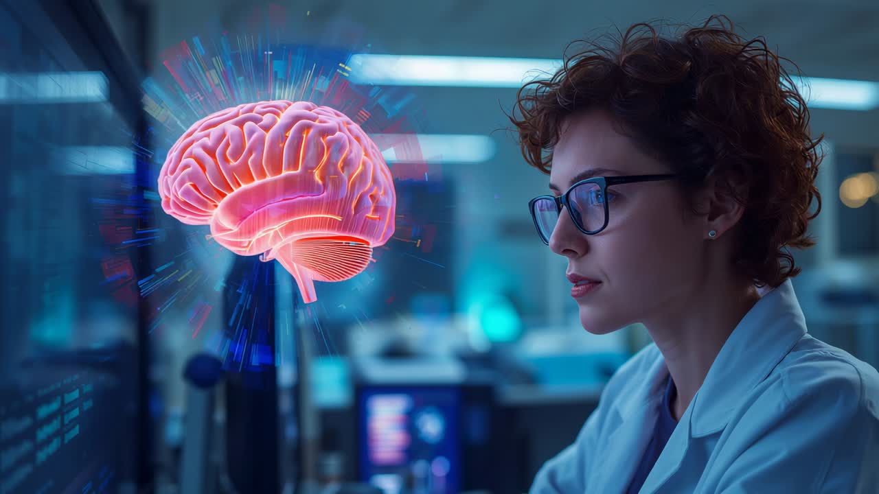Noting 3D brain appearing, lab coat researcher with glasses analyzing monitors in lab, copy space