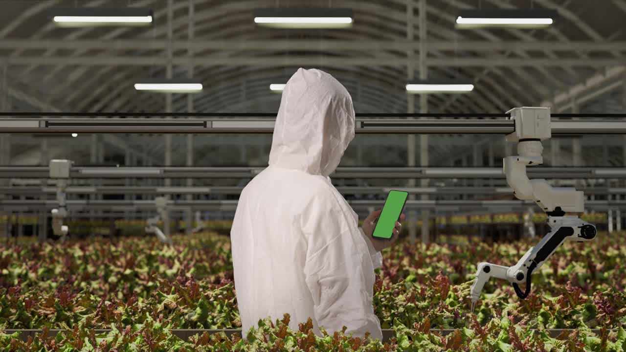 vista posterior de un hombre investigador usando un teléfono inteligente de pantalla verde y mirando a su alrededor mientras está de pie en el invernadero con agricultores robóticos inteligentes