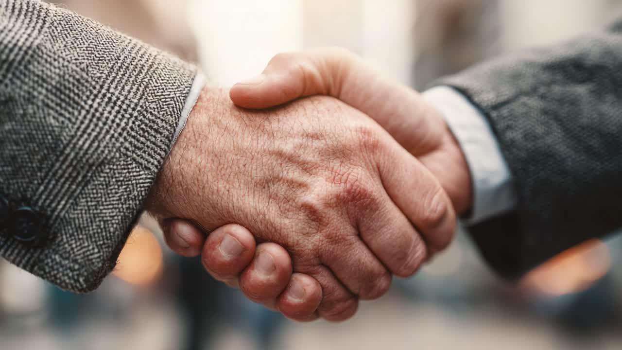 A Close-Up of a Handshake Between Two Individuals, Symbolizing Agreement, Partnership, or Collaboration, Captured in a Softly Blurred Urban Background