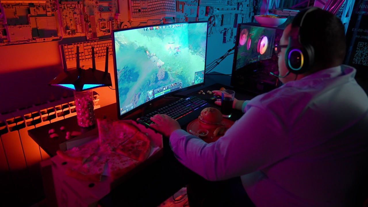 Gamer Immersed in Online Video Game with Snacks and Neon Lights