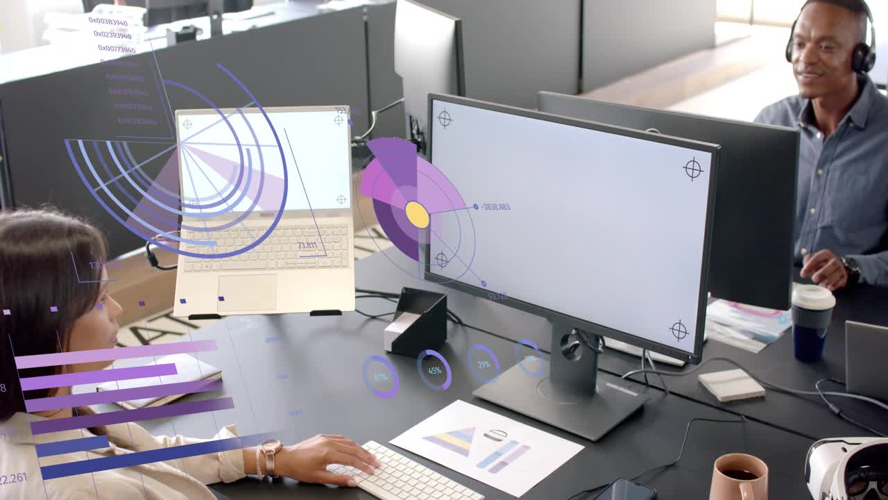 Woman typing keyboard at shared desk, initiating business charts sliding across monitors for review