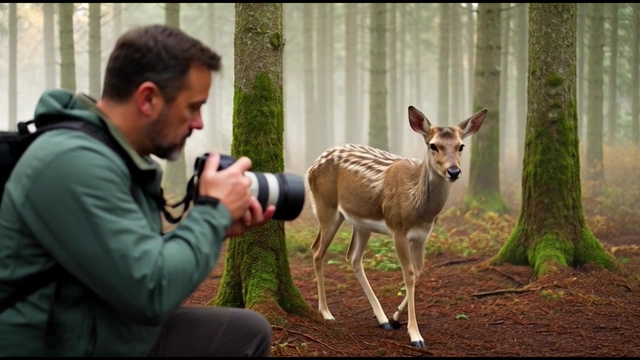 Wildlife Photographer Capturing Close-up Footage of a Fallow Deer in a Misty Forest