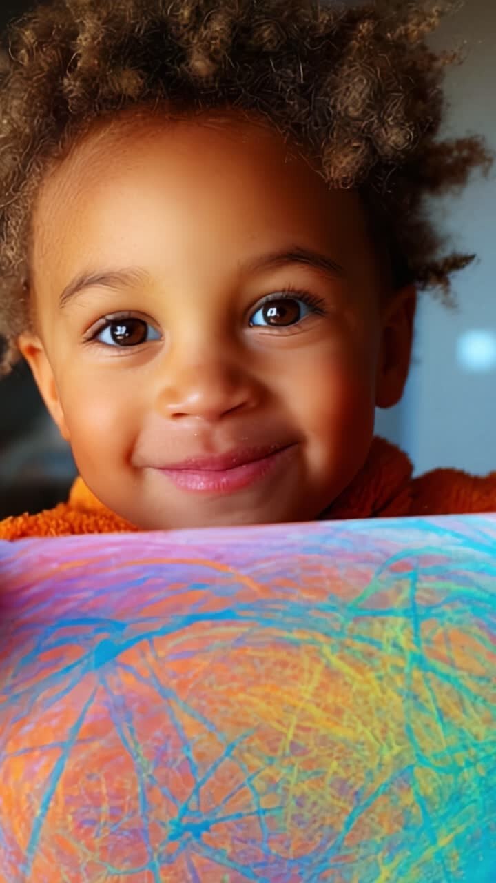 Uma criança alegre segurando orgulhosamente uma arte colorida com um sorriso radiante em um ambiente interno aconchegante destaca a alegria da criatividade e da autoexpressão