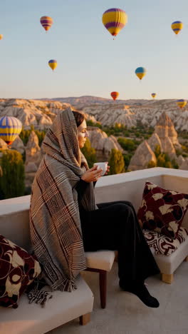 woman enjoying a hot drink while watching hot air balloons over cappadocia