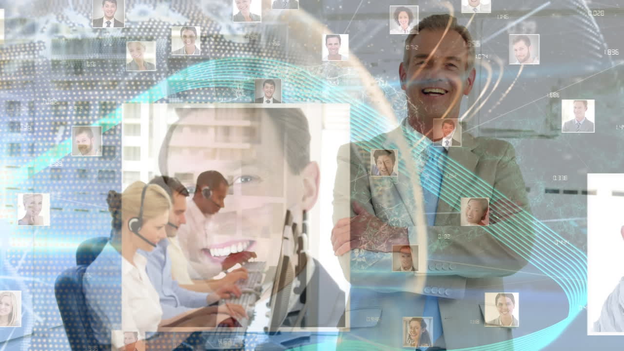 animación de la red de conexiones a través de personas de negocios que usan auriculares telefónicos