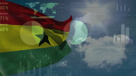 animation of financial data processing over flag of ghana