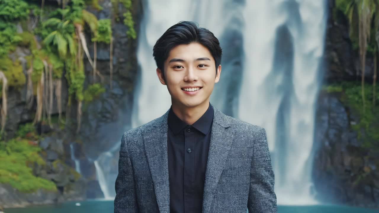 Portrait of a smiling Asian man in front of a waterfall