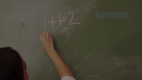 animation of national mentoring month text over biracial teacher writing on blackboard