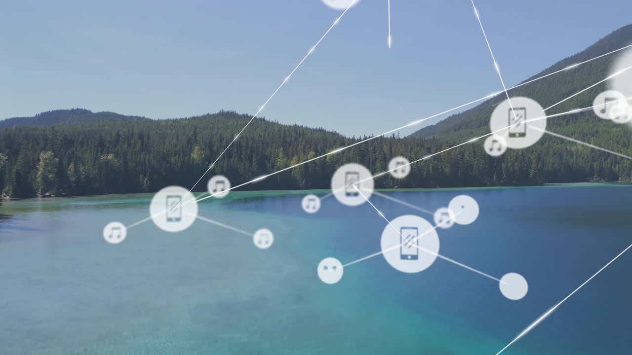 Animation of smartphone and music icons over serene lake with forest backdrop