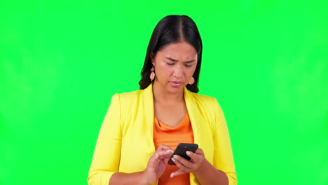 Green-screen,-stress-and-frustrated-woman