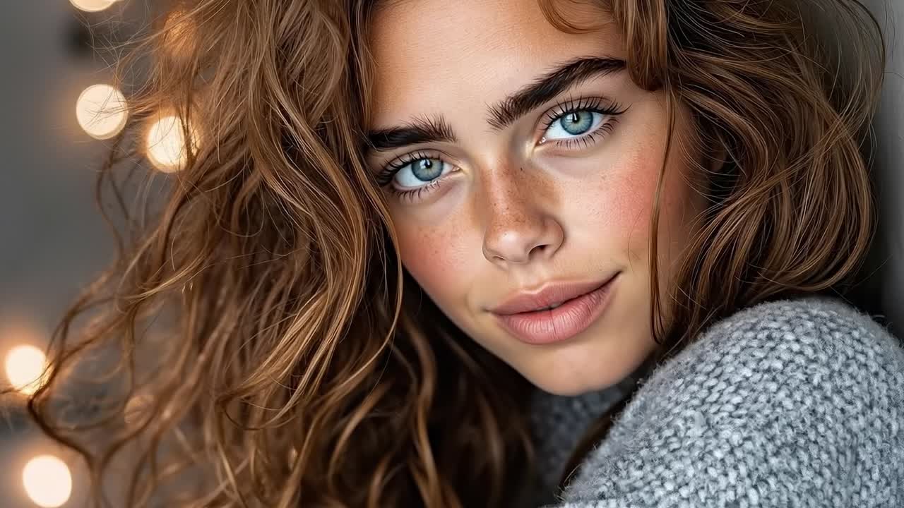 Una donna con lunghi capelli castani e occhi blu.
