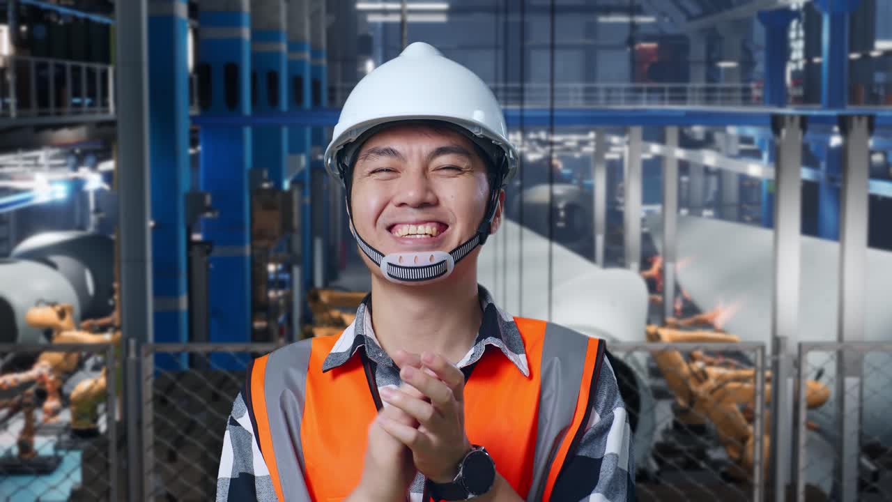 안전 헬을 입은 아시아 남성 엔지니어가 풍력 터빈 제조 공장에서 서서 카메라에 미소 짓고 로 팔이 작동하는 동안 박수를 치고 있습니다.