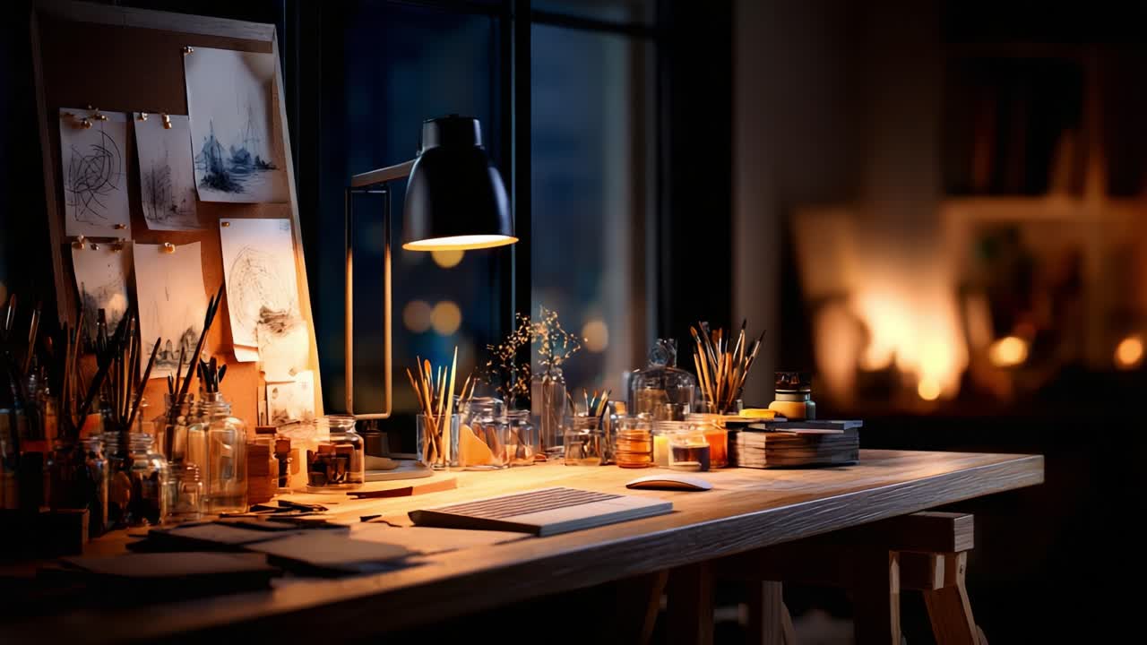 A Cozy Evening Art Studio Filled with Creativity: A Warmly Lit Workspace Showcasing Tools, Materials, and Inspirational Sketches for Artistic Endeavors and Imagination