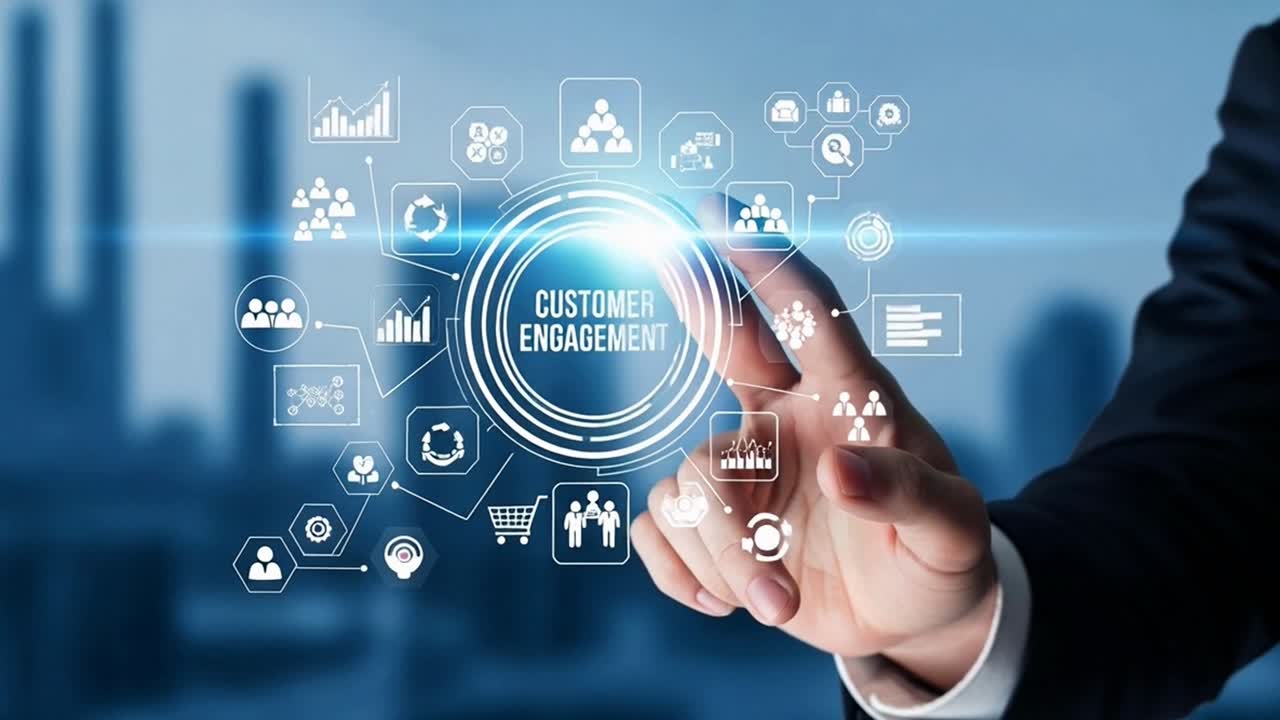 Marketer Managing Customer Engagement and CRM on a Futuristic Digital Interface