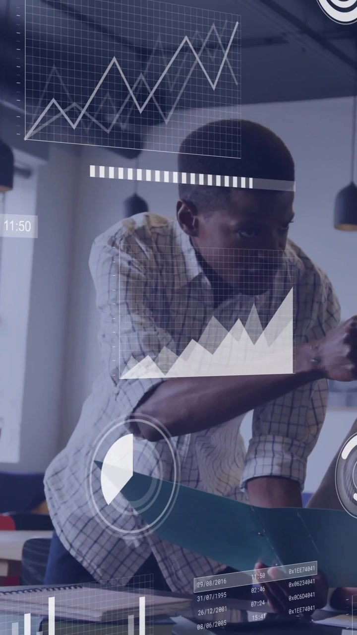 Business data analytics animation over colleagues collaborating in modern office
