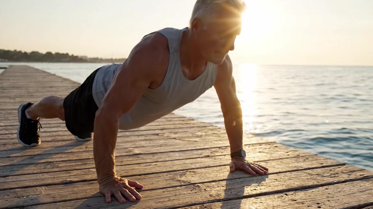 An older man performs push-ups on a wooden pier at sunset, showcasing dedication to fitness and well-being while enjoying the serene waterfront view.