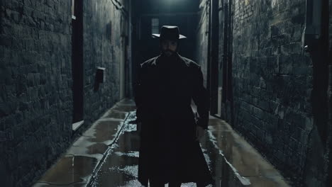 man in fedora and coat walking in a dark, wet alleyway at night