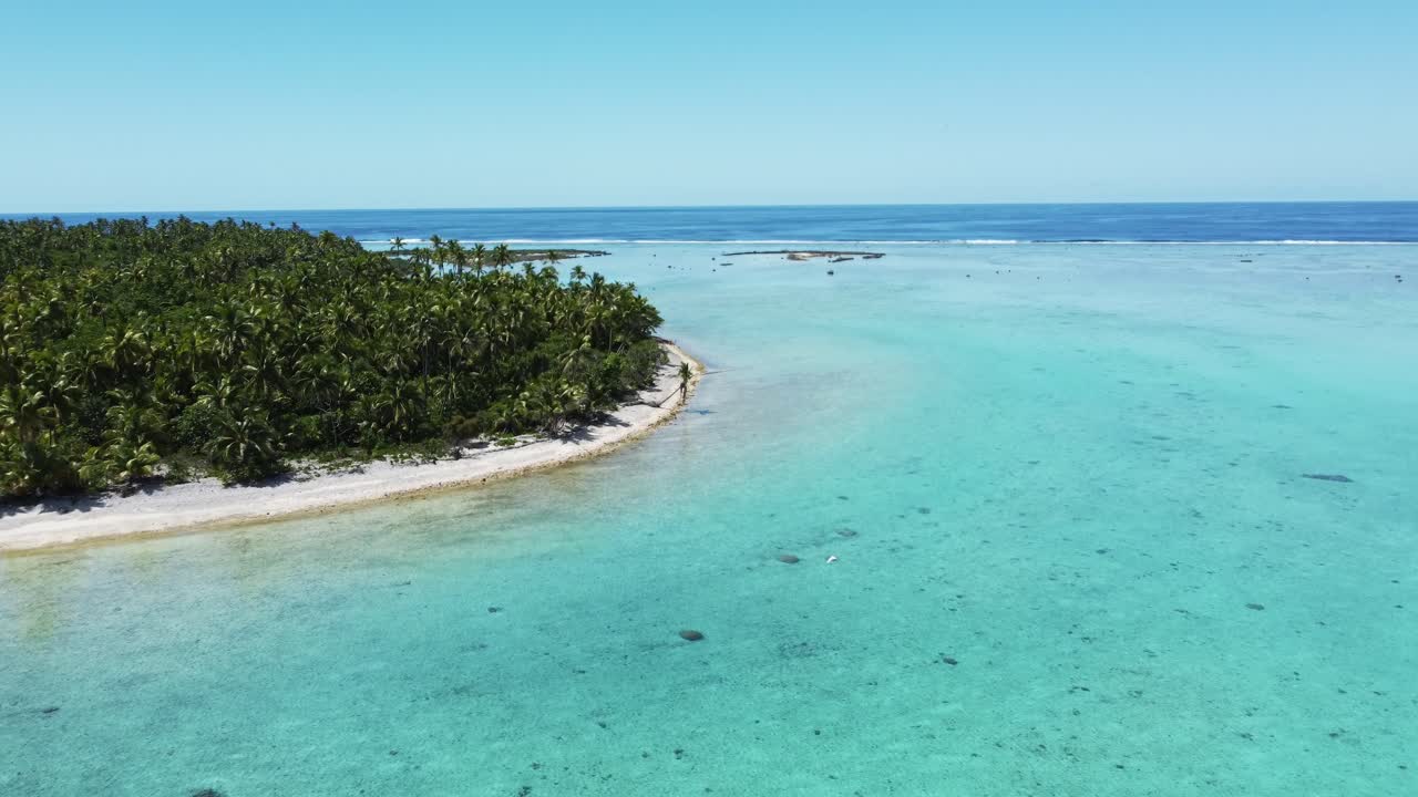 vista aérea de una isla tropical con palmeras y agua clara