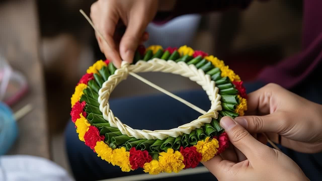 Creazione di una splendida ghirlanda floreale con foglie verdi vivaci e fiori colorati, che mostra tecniche artigianali tradizionali e attenzione ai dettagli.