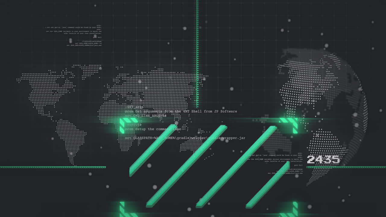 디지털 세계 지도 및 데이터 처리 애니메이션 초록색 바와 숫자