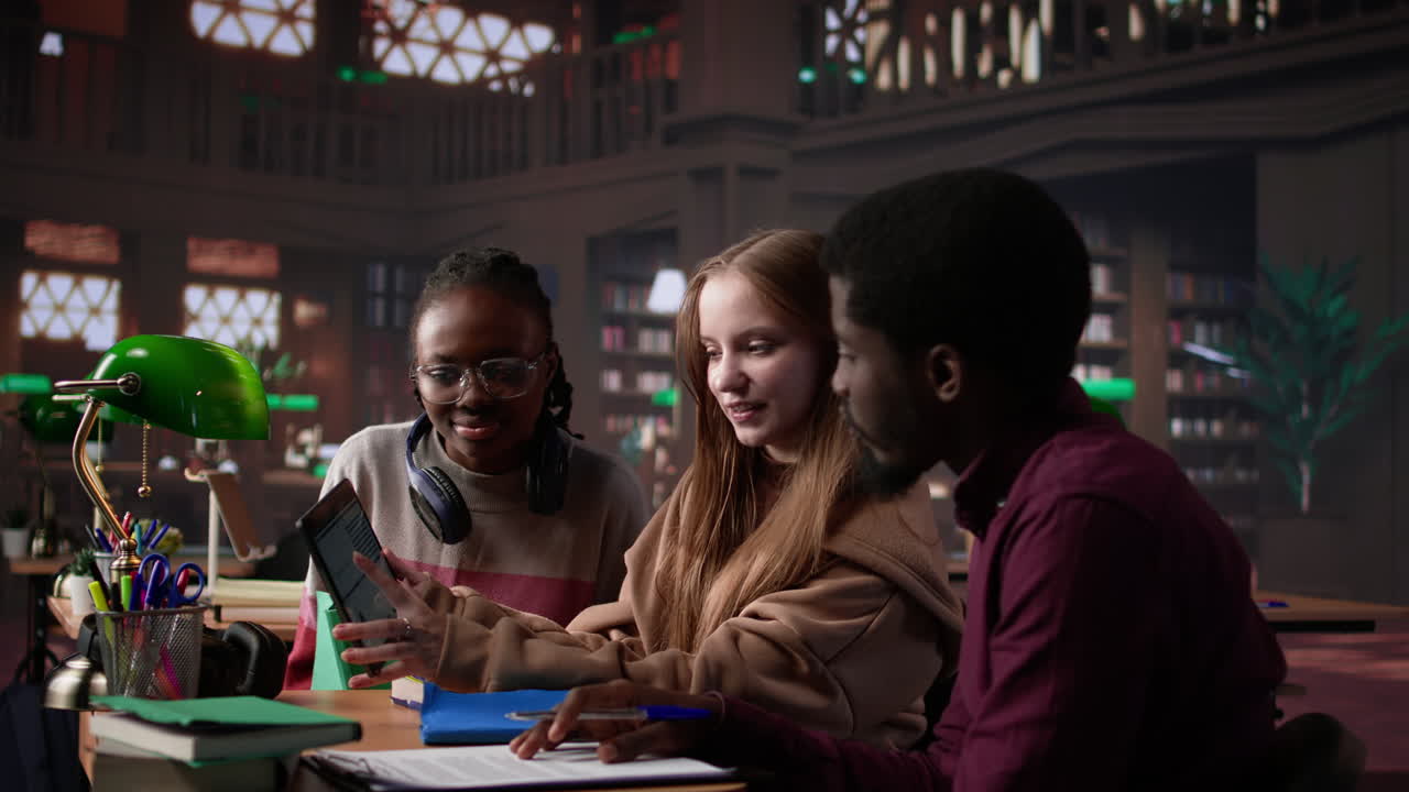 Vertical video multicultural students group discussing financial project for university course