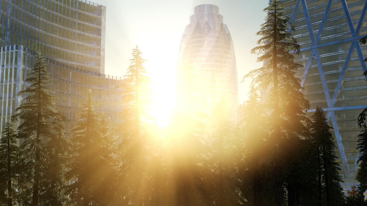 해가 지는 도시 초고층 건물과 함께 도시 스카이라인
