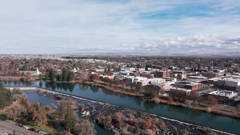 drone flyover of the idaho falls from the snake river in idaho falls, idaho