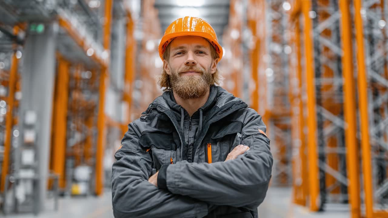 Dedicated Warehouse Worker in Safety Gear: A Confident Portrait Captured in a Modern Storage Facility Highlighting Commitment and Safety Standards
