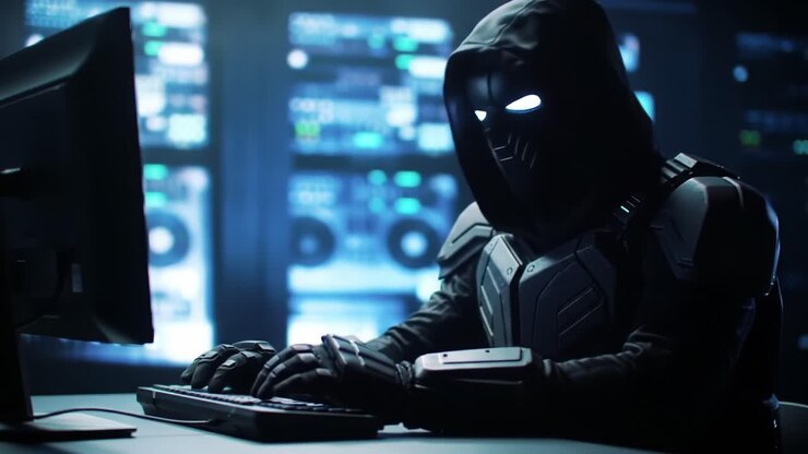 Figura oscura impegnata in attività informatiche: un personaggio misterioso, curvo su un computer, illuminato dagli schermi e dalla luce di una tastiera in un ambiente high-tech