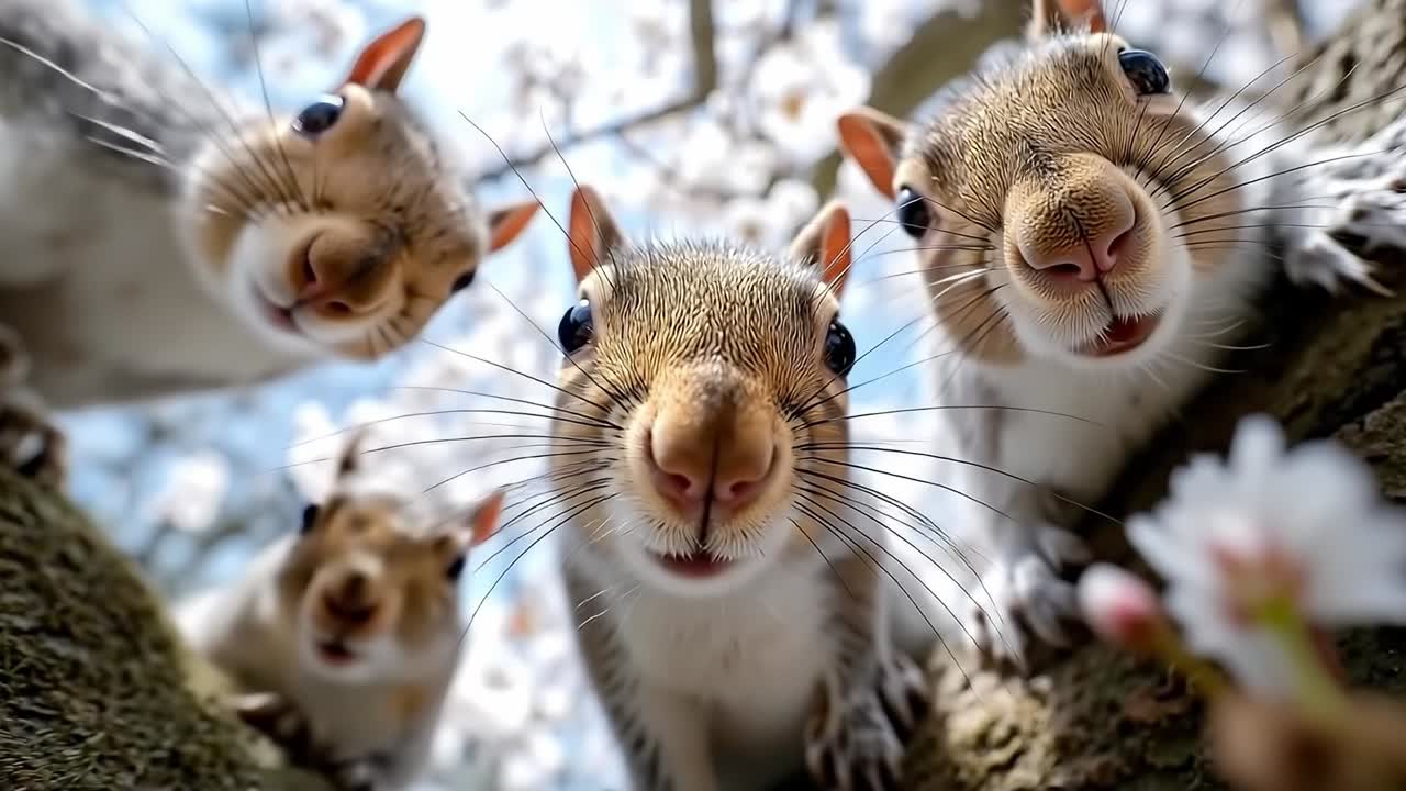 A group of squirrels looking up at the camera
